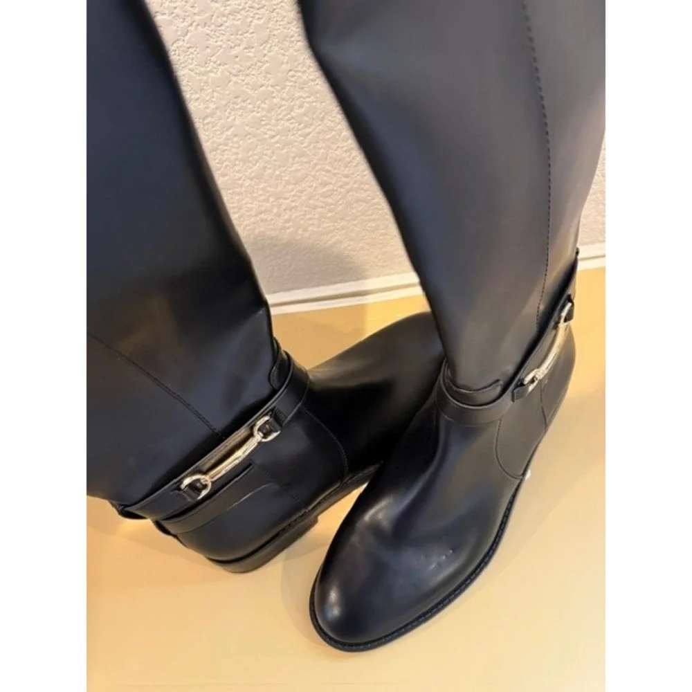 Michael Kors Women Black Carson Tall Flat Riding Boots Gold Bit Faux Leather 9M